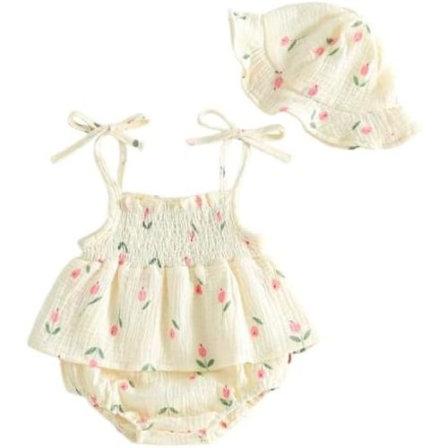 Mubineo Baby Girl Summer Clothes Cute Romper Dress Cotton Linen Skirt Sleeveless Smocked Rompers Sun Hat Boho Outfits