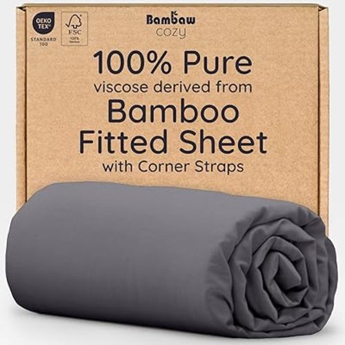 Bambaw 100% Viscose Derived from Bamboo Queen Size Fitted Sheet, Cooling, Deep Pocket, Corner Straps, Charcoal
