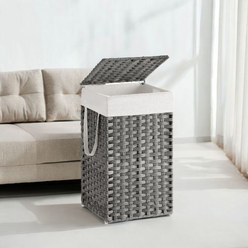 Laundry Hamper with Lid 17.2 Gallon Rattan Clothes Laundry Basket with Lid and Handles Foldable Removable Liner for Laundry Room Gray
