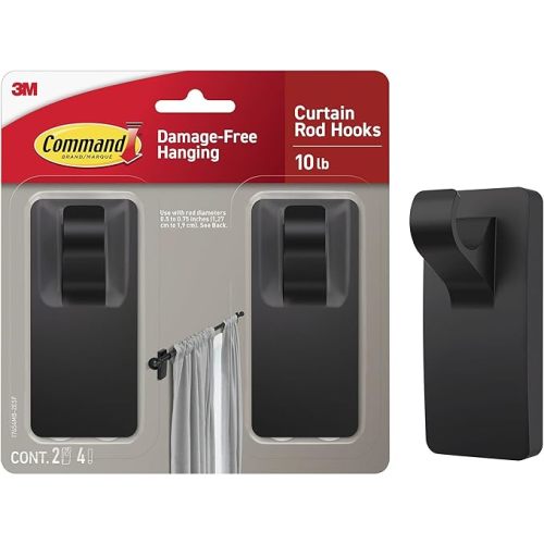 Command Medium Black Curtain Rod Hooks, 2 Hooks, 4 Strips