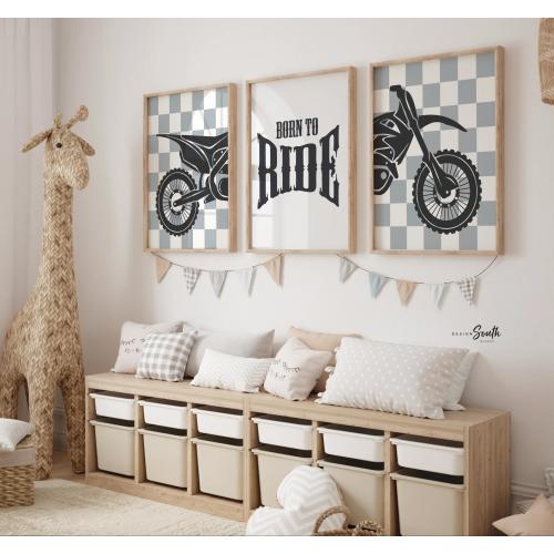 Dirt Bike Nursery Art: Gray Checkered Motocross Prints, 'Born to Ride'