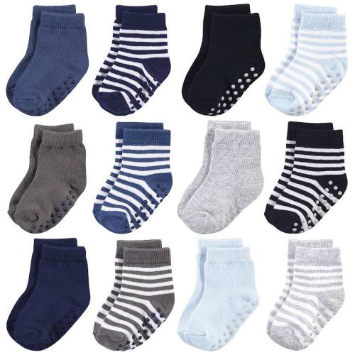 Touched by Nature Baby and Toddler Boy Organic Cotton Socks with Non-Skid Gripper for Fall Resistance, Blue