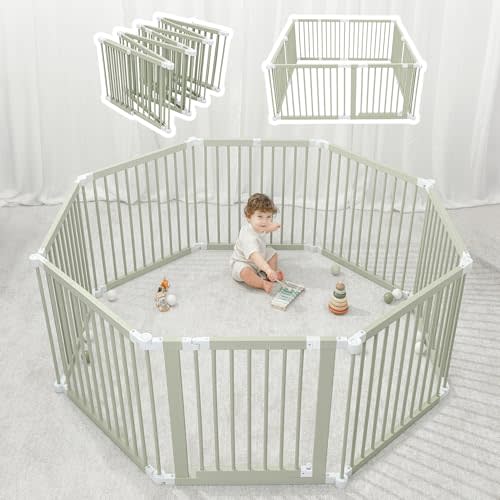 Comfy Cubs Baby Gate Playpen - 57 x 57 x 25 in, Extends Up to 228” - Pine Wood Foldable Playpen with Child-Proof Lock - Easy Assembly Baby Fence Play Area for Babies & Toddlers - Sage