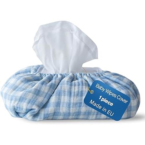 Baby Wipes Cover – Universal Size, One Size Fits All Wipes Packages | Muslin Cotton Tissue Cover for Nursery, Diaper Bag & Changing Table, Station | Gingham & Neutral Patterns (Baby Blue Gingham)