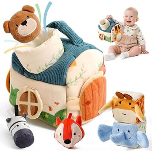 Baby Toys 6-12 Months, Forest Animal Soft Plush Set - Rattle, Crinkle Paper & Mirror, Busy Montessori Toys for Babies, Sensory Gifts for Toddlers 1-3 Years Old