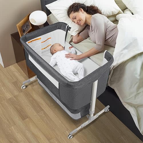 4-in-1 Bedside Bassinet for Baby, Convertible Crib with Mosquito Net & Diaper Changing Station, Portable Sleeper w/Mattress & Travel Bag (Grey)