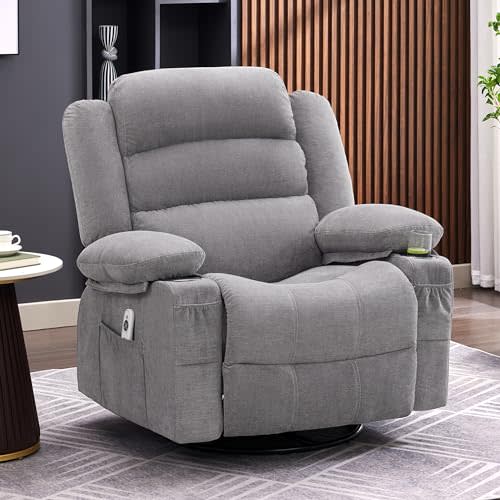 Rocker Recliner Chair with Heat and Massage, 360° Swivel Recliner Chairs for Adults, Oversized Recliner Single Sofa Seat with Cup Holders, Lazy Boy Recliner Single Sofa, Grey