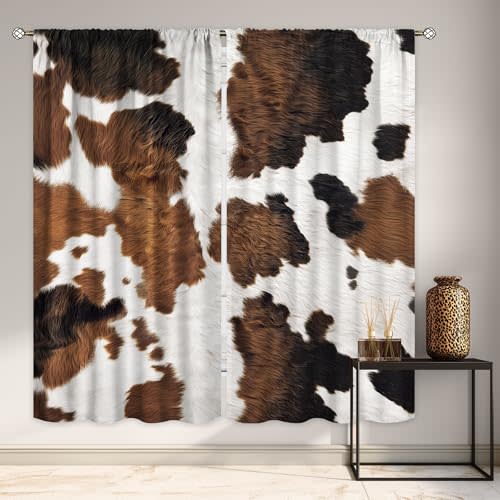 Farmhouse Cow Print Curtains 42Wx63H Inch Rod Pocket Cute Brown White Rustic Calf Retro Milk Cattle Farm Animal Art Printed Country Living Room Bedroom Window Drapes Treatment 2 Panels