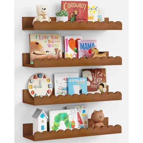 Harwaya Walnut Nursery Book Shelves Wall Set of 4, Dark Wood Scalloped Floating Bookshelf for Wall, Cloud Wooden Hanging Shelving Unit for Kids Bedroom Baby Child Toddler Room Kitchen (Walnut Brown)