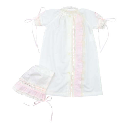 Ivory And Pink Lace Baby Gown And Bonnet