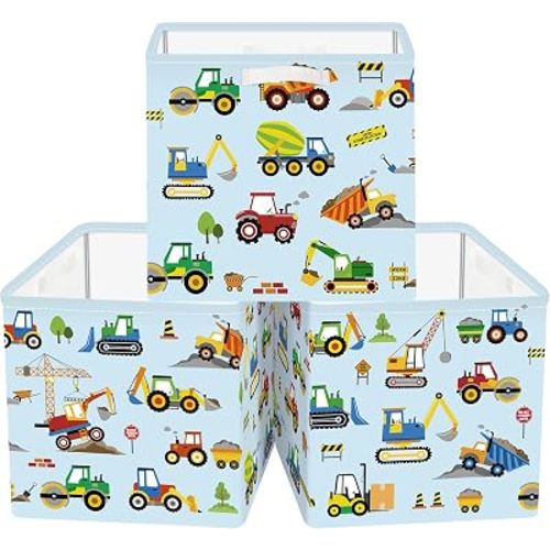 11.8" Engineering Vehicle Cube Storage Organizer Set 3Pcs Pickup Truck Cube Storage Bin for Bedroom Bulldozer Kid Book Toy Chest, Cartoon Car