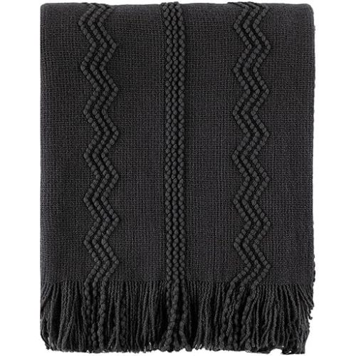 BATTILO HOME Black Throw Blanket with Fringe, Bed Throws for Home Decor, Decorative Black Knit Throw for Couch Sofa, 50"x60"