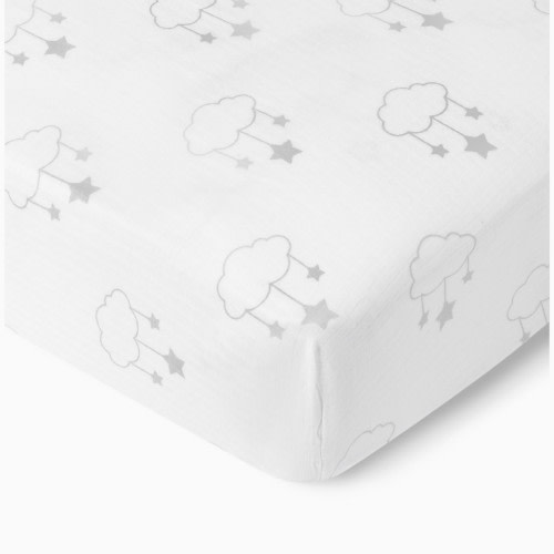 2-Pack Organic Cotton Breathable Mini Crib Sheets - Wishing On A Star Print In Grey + Solid White