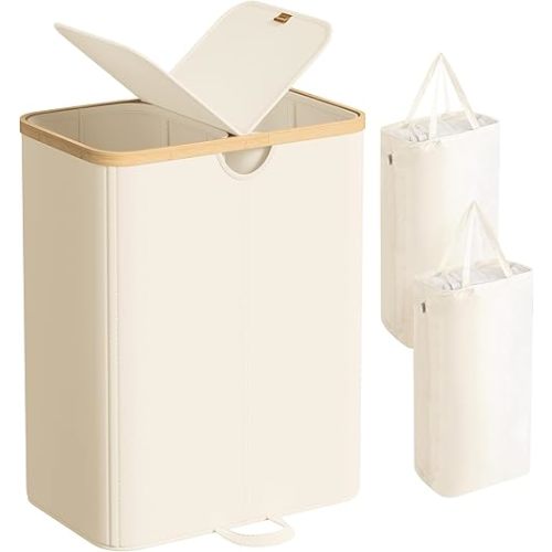 SONGMICS Laundry Hamper with Lids, Laundry Basket with 2 Compartments, 39 Gal. (150 L), Removable Liner Bag, for Laundry Room, Bedroom, Living Room, Cream White and Light Bamboo ULCB523W01
