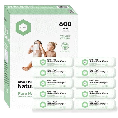 Parasol Clean+Pure Natural Baby Wipes, 99.9% Reverse-Osmosis Water, pH Balanced, Hypoallergenic Wipes, Plant Based, Alcohol-Free and Perfect for Sensitive Skin, 600 Count (10 Packs of 60)