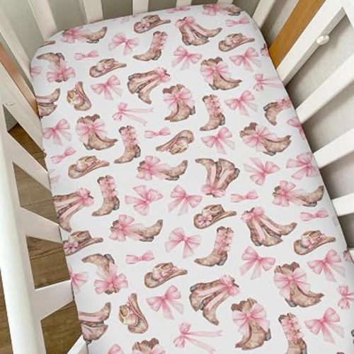 Watercolor Pink Cowgirl Boots Baby Crib Sheets for Boy Girl Western Boots Hats Pink Bows Soft Snug Fitted Crib Mattress Covers for 52''x28'' Standard Crib & Toddler Mattress Girly Cowgirl Bed Sheets