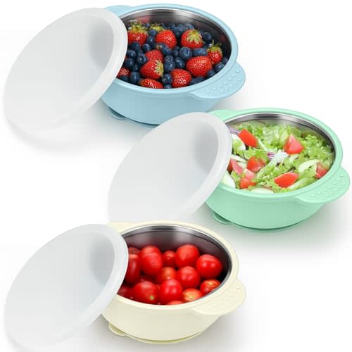 BUSOHA 3 Pack Stainless Steel Baby Bowls with Lid – 2-in-1 Toddler Feeding Bowl Heat-Resistant Spill-Proof Plate Suction Bowls for Kids Baby Toddler Food Feeding