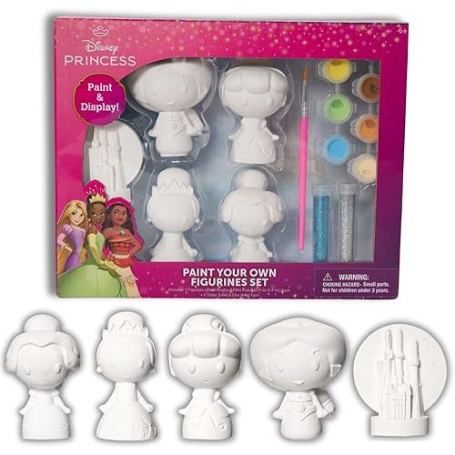 Disney Princess DIY Paint Your Own Figurines Arts and Crafts Set for Girls, Paint, Paint Brush, and Glitter – Cinderella, Belle, Tiana, Jasmine, and Princess Castle