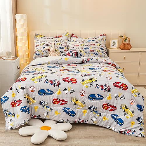 Mooreeke Twin Size Comforter Sets for Boys Kids, 6 Pieces Bed in a Bag Racing Car Bedding Comforter Sheet Set with Shams and Decorative Toy Pillow, Ultral Soft Microfiber Kids Bed Set