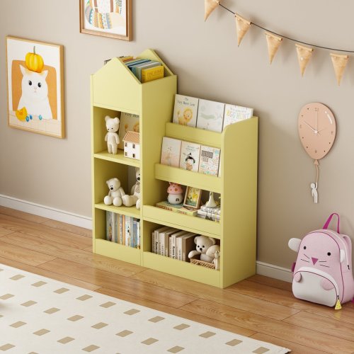 Yellow Kids Wooden Bookshelf Organizer With 6 Compartments, 2 Removable Bins, Sturdy Mdf, Playroom Storage