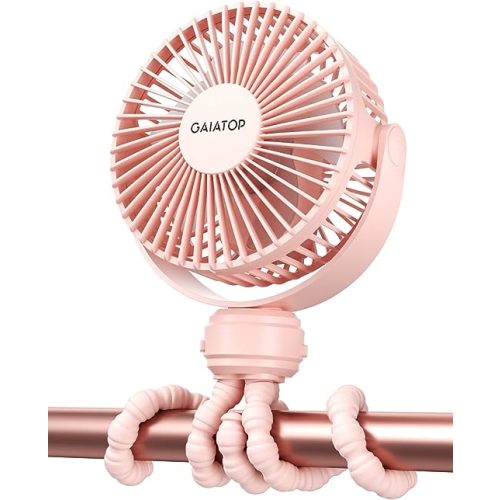 Gaiatop Mini Portable Stroller Fan, Battery Operated Small Clip on Fan, Detachable 3 Speed Rechargeable 360° Rotate Flexible Tripod Handheld Desk Cooling Fan for Car Seat Crib Treadmill Travel Pink