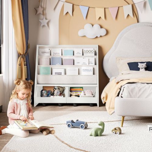 Kids Bookshelf and Toy Storage Organizer, Multifunctional 4 Tier Wooden Kids Book Shelf with Bookcase Display Stand in Kids Room