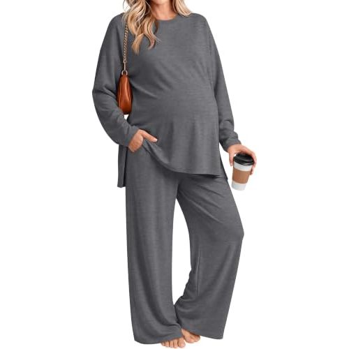 Riyiper Womens Maternity 2 Piece Outfit Lounge Set | Two Piece Outfit, Long Sleeve Sweatshirt, Wide Leg Pants, Pregnancy Matching Set, Soft, Cozy, Loose Fit, Comfortable