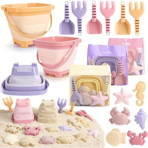 Dreamon Beach Toys Set for Kids 3-10, Collapsible Sand Buckets with Beach Molds and Mesh Bag, 3 Pack Shovels Set Sand Toys for Beach, Sandbox Travel Toys for Toddlers Kids