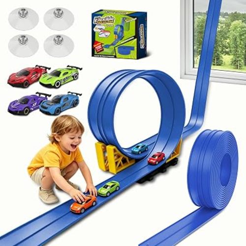 Flex Race Track 16 Ft with Suction Cups Compatible with Diecast 1/64th Cars, Flexible Car Track Toys for Ages 3+ Kids Toddlers Roll Out Portable Racetrack (Blue)