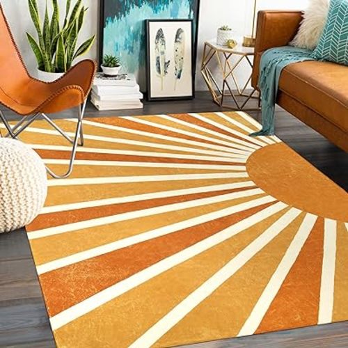 Lahome Boho Area Rug: 5'x7' Machine Washable & Non-Slip with Rainbow Sun Print for Living Room, Bedroom, Nursery, Entryway, Dining Room & Office Decor