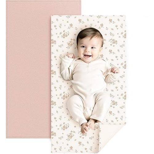 Konssy Faux Leather Baby Changing Mat, Waterproof, Wipeable & Portable Diaper Changing Pad for Travel or Home, Fits Perfectly in Diaper Bag, 30 x 17 inches (Blossom,Pink)