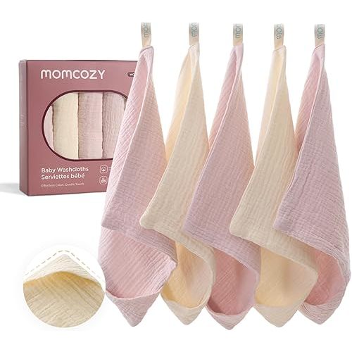 Momcozy Soft & Absorbent Baby Washcloths - 4 Layer Design| Medium Thickness| Premium Cotton for Newborns' Skin-Great for Bathing, Wiping & on-The-go Use, Shower Gift and Essential(5 Pack, 10x10 inch)