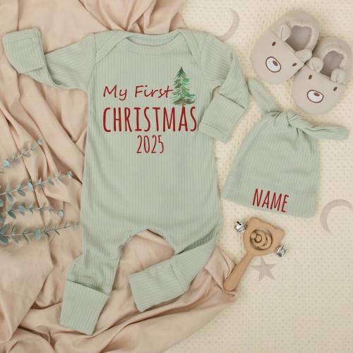 Baby 1st Christmas Newborn Bodysuit and hat - My 1st Christmas Outfit - New Baby Shower Gift- coming home Personalized Long Sleeve Romper