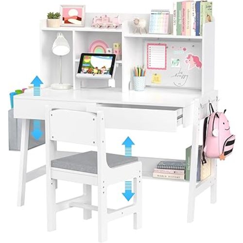 GDLF Kids Study Desk and Chair Set, Adjustable Children Study Table with Chair, Kids Wooden Study Desk with Hutch, Drawers, Book Stand, Whiteboard and Fabric Storage Bag for 5-12 Years Old