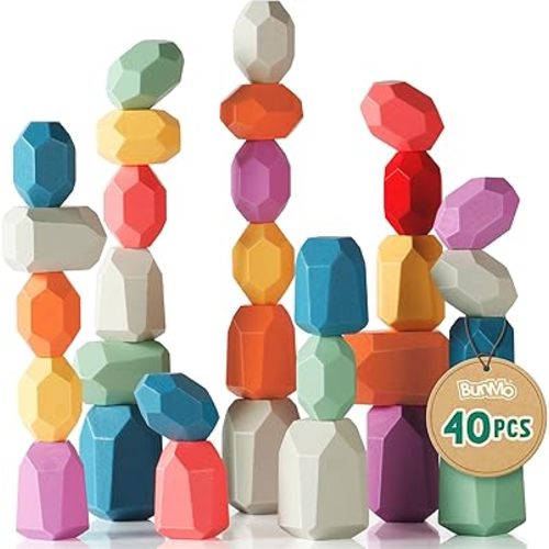 BUNMO 40 Pieces Wooden Blocks - Stacking Blocks - Montessori Educational Wooden Stacking Toys for Toddlers, Safe, and Durable for Kids Creative Play and Learning