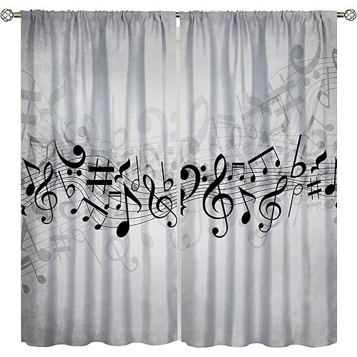 Music Notes Blackout Curtains Black Gray Silhouette Songs Spectrum Vintage Old Style Window Treatments for Bedroom Living Room Music Classroom 52" W X 84" L