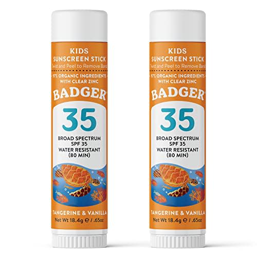 Badger Mineral Kids Sunscreen Face Stick SPF 35, Zinc Oxide Travel Size Sunscreen Stick for Kids, 97% Organic Ingredients, Reef Safe, Water Resistant, .65 oz, 2-Pack