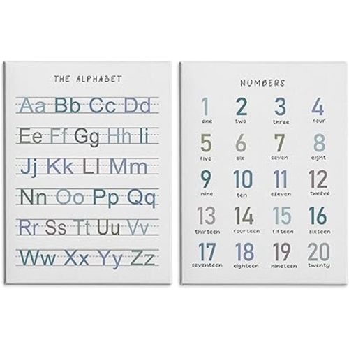 HRQKO Alphabet Numbers Nursery Canvas Wall Art Set of 2, Kids Room Decor Framed Art, Blue ABC Numbers Educational Posters Wall Decor for Classroom Toddler Kids Nursery Bedroom Playroom, 11x14 inch
