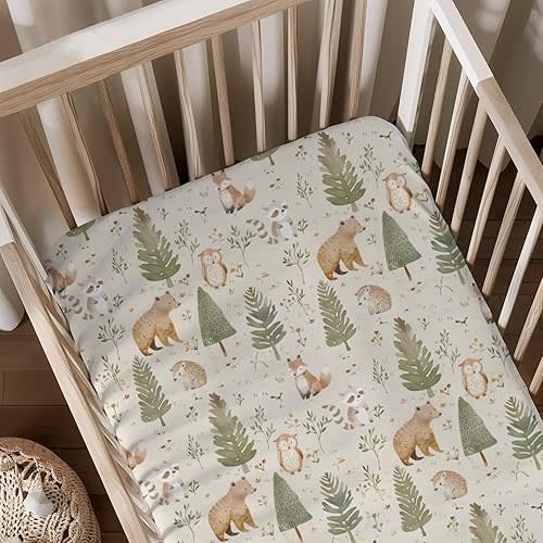 Forest Animals Pattern Baby Sheets for Crib, Unisex Bears Hedgehog Raccoon Trees Nursery Fitted Bed Sheet for Boys Girls Standard Crib and Toddler Mattress-28x52