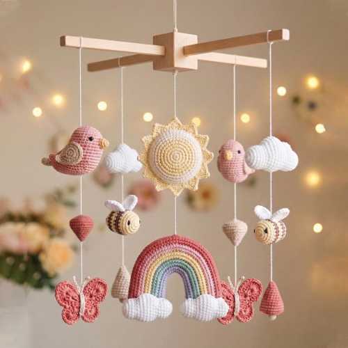 Crochet Garden Baby Mobile, Butterfly and Bee Nursery Decor, Baby Shower Gift, Floral Garden Baby Mobile Crochet, Butterfly Bee Crib Mobile
