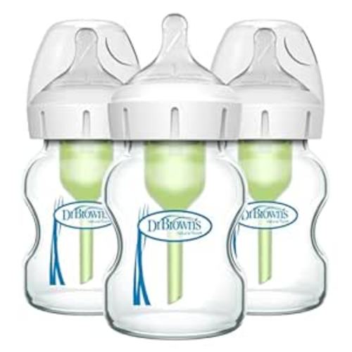 Dr. Brown's Natural Flow Anti-Colic Options+ Wide-Neck Glass Baby Bottles 5 oz/150 mL, with Level 1 Slow Flow Nipple, 3 Pack, 0m+