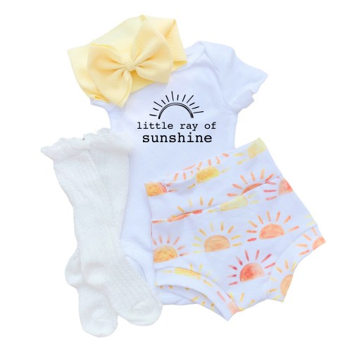 Sun Baby Bummies and Bow Set, Baby Girl Coming Home Outfit, Little Ray of Sunshine Bloomers Bow and Bodysuit, High Waisted Baby Shorts