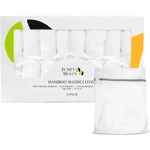 Jumpy Moo's Baby Washcloths - 100% Rayon from Bamboo, Ultra Thick 10x10 inches, Gentle on Delicate Skin, Perfect for Girls and Boys, Includes Giftbox & Laundry Bag