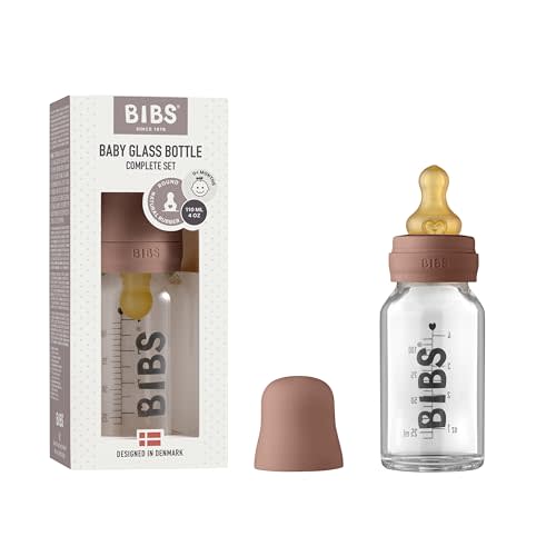 BIBS Baby Glass Bottle. Anti-Colic. Round Natural Rubber Latex Nipple. Supports Natural Breastfeeding, Complete Set - 110 ml, Woodchuck
