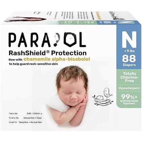 P'arasol Chlorine‑Free Newborn Baby Diapers with Rash Protection, Hypoallergenic, Wetness Indicator, Tear‑Away Sides – Size NB, 88 Count