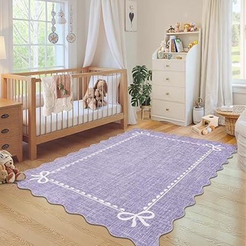GarveeHome Scalloped Bow Rug for Living Room, Solid Purple Rug for Dorm, Washable Rugs 3x5 Soft Low Pile Non Slip Scalloped Rugs for Nursery College Bedroom Decor Kids Room Playroom
