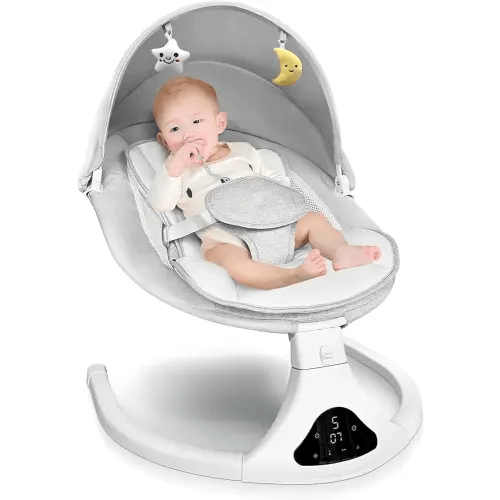 Electric Baby Swing with Remote Control - 5 Natural Motion Speeds, Detachable Seat Pad | Portable Infant Swing for Indoor/Outdoor Use (0-12M, 20lbs) (Grey)