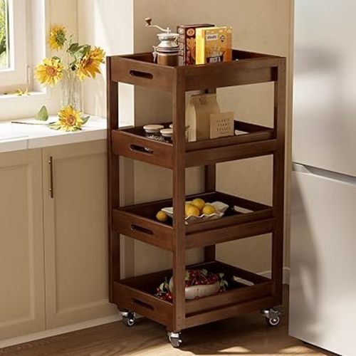 Solid Wood Storage Cart, 4-Tier Slim Kitchen Rolling Cart with Wheels, Narrow Mobile Utility Organizer Shelving Unit for Small Space, Living Room, Dining Room, Laundry, Walnut