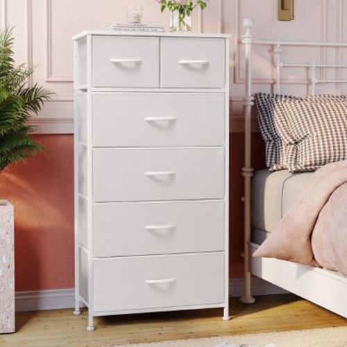 Crestlive Products 6-drawer Vertical Dresser Storage Tower with Sturdy Steel Frame, Wood Top, Easy Pull Fabric Bins White