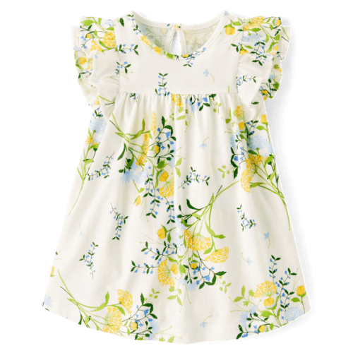Baby Girls Floral Flutter Bodysuit Dress - White